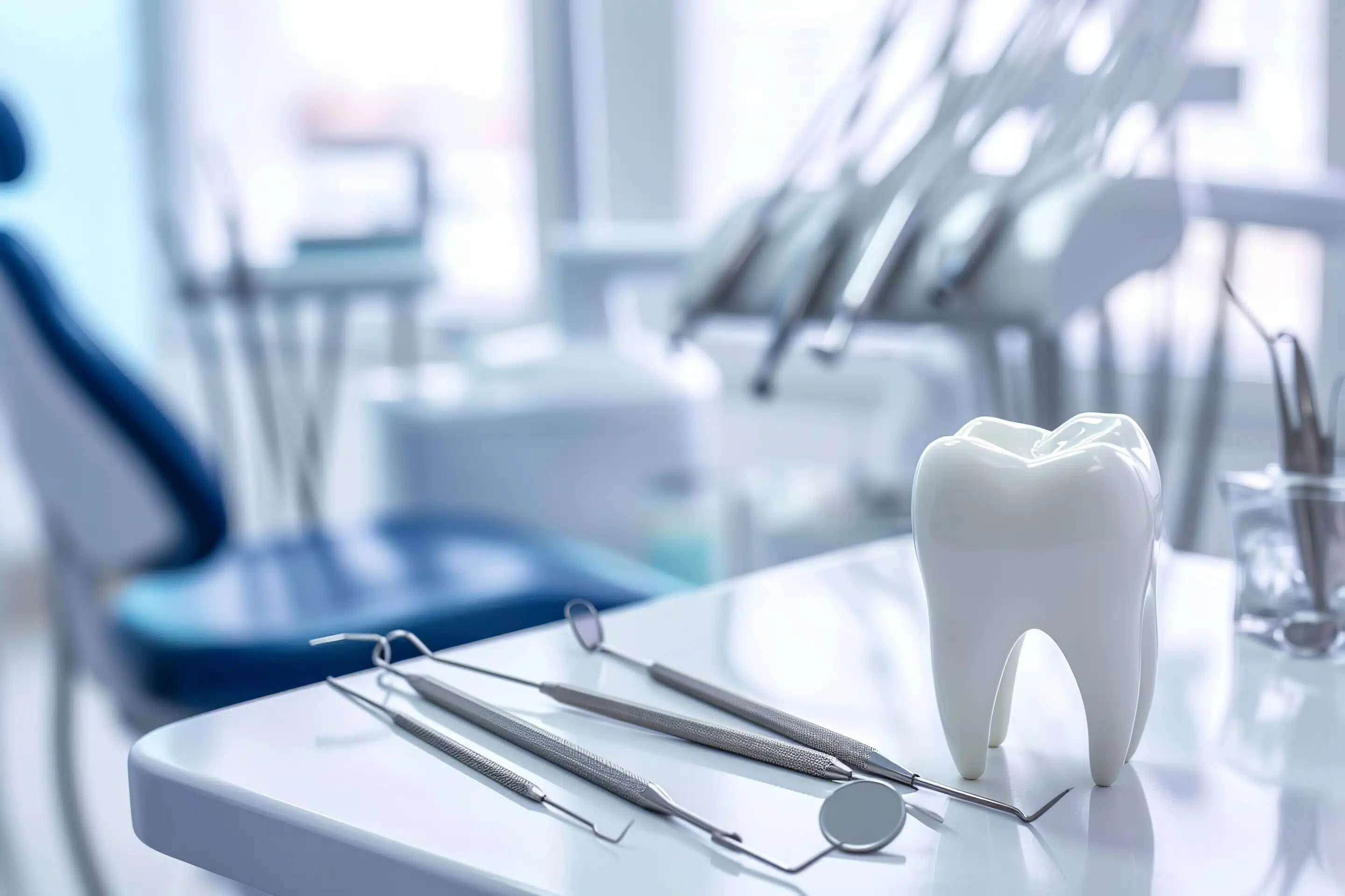 Sterile medical instruments for dental check-up on special metallic tray inside dentistry office